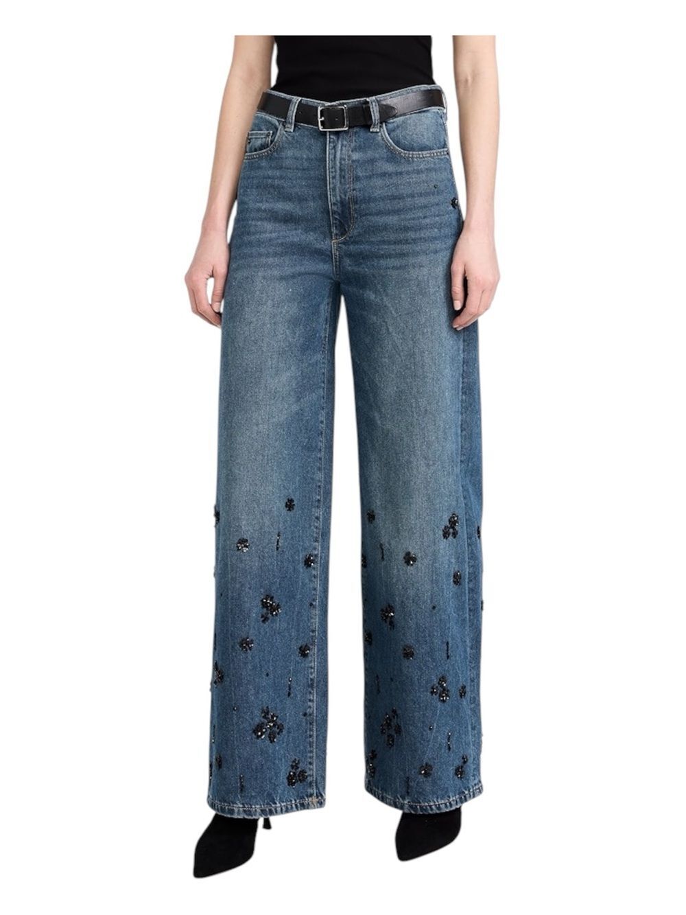 DL1961 Hepburn Embellished Wide Leg High Rise Crystal Floral 32 Medium Wash - Picture 2 of 8